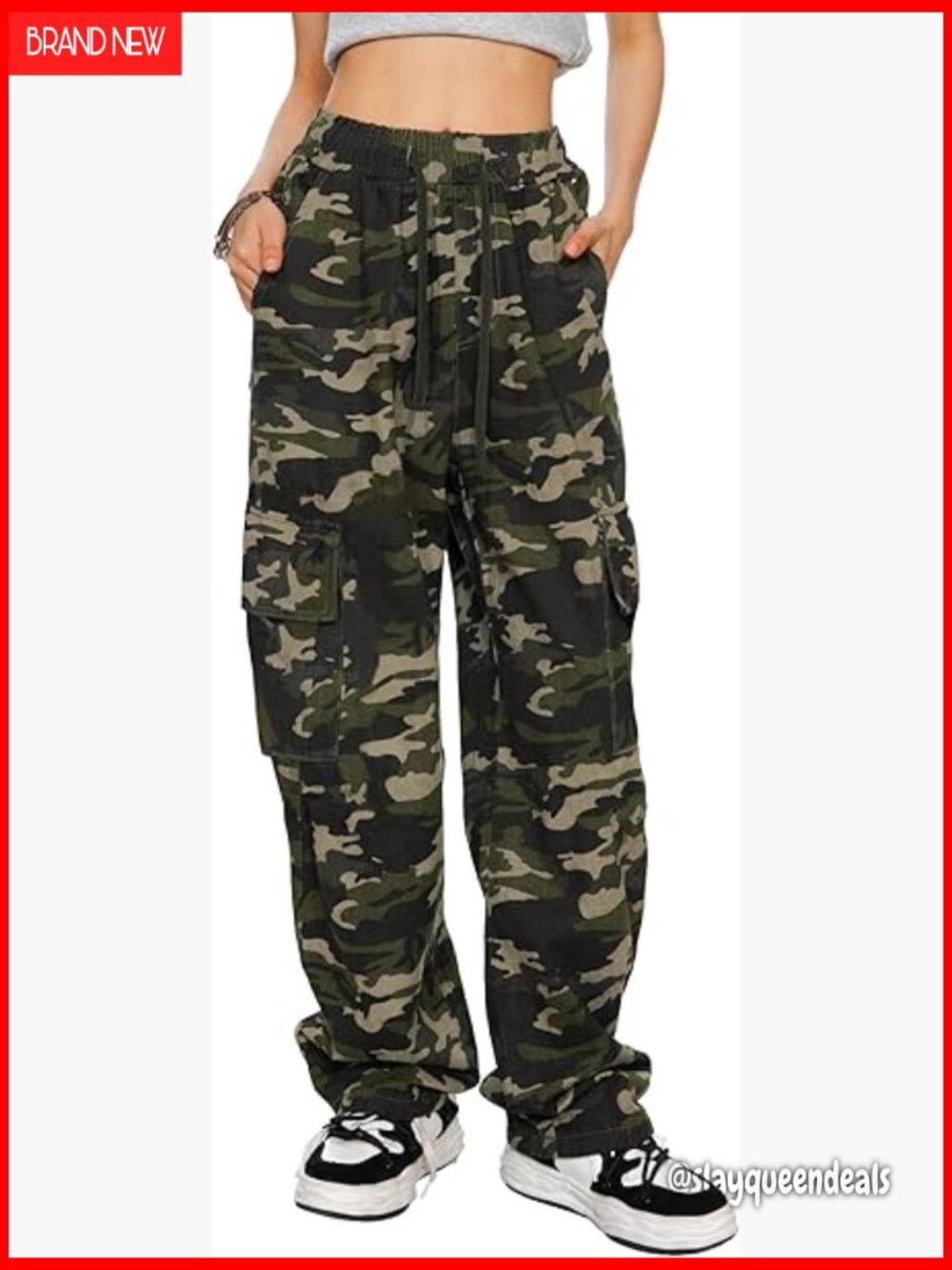 High Waisted Wide Leg Camo Cargo Pants Baggy Straight Jeans - Picture 1 of 6